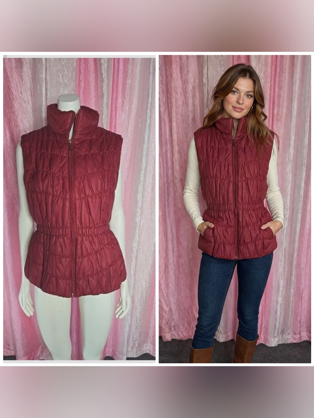 Coldwater Creek Dark Red Smocked Puffer Classic Vest Size Medium 10-12